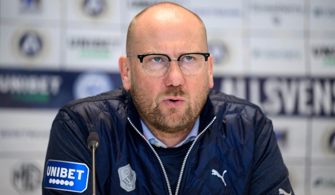 20240428, Halmstads tränare Magnus Haglund på presskonferens efter matchen mot Värnamo