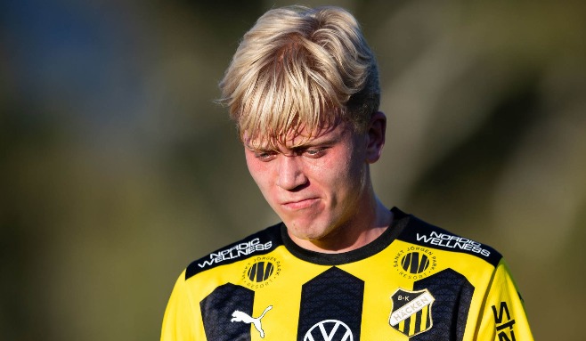 20240206, BK Häckens Isak Brusberg i en träningsmatch mot Haugesund