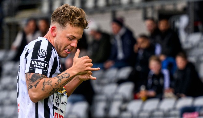 20240413, Landskronas Fredrik Ihler firar mål mot Oddevold